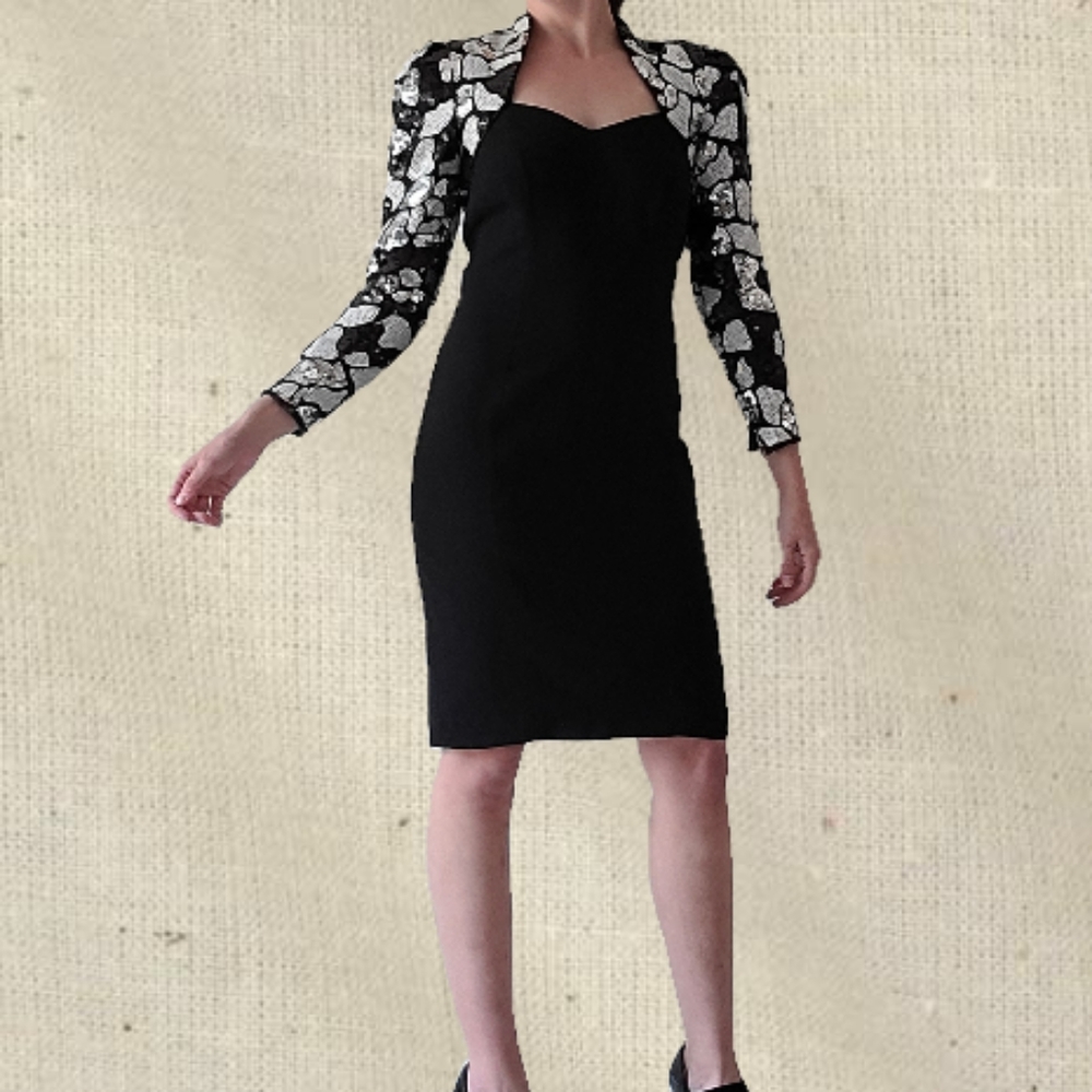 DRAMA! 1980s glam Morton Myles sequin bolero LBD